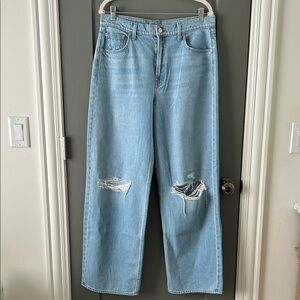 MOTHER SNACKS The Fun Dip Puddle Sky Blue Distressed Wide Leg Jeans
